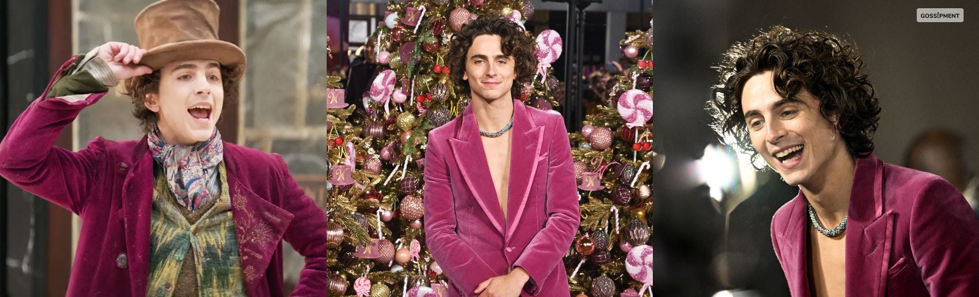 Cover Image for Timothée Chalamet Dons Berry Colored Tom Ford Velvet Suit in Honor Of Willy Wonka